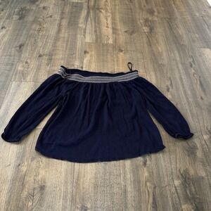 Gap Off-the-Shoulder Top Women's L Blue Embroidered Boho Long Sleeve Blouse